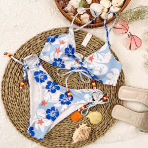 Blue Floral Print Lace-up Front Straps Bikini Set