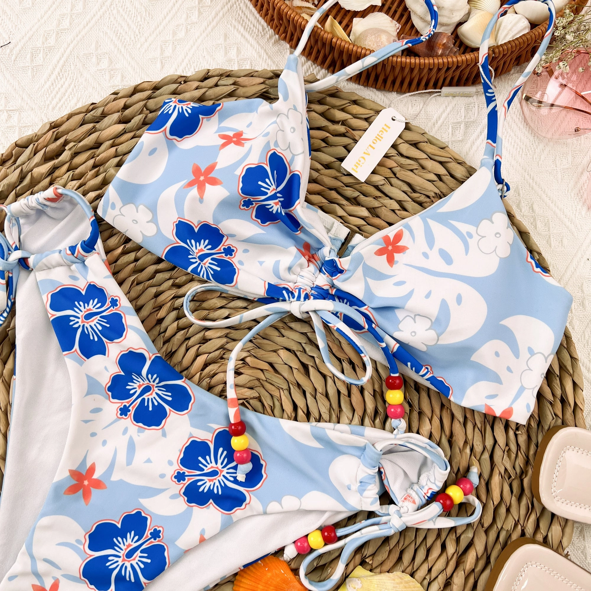 Blue Floral Print Lace-up Front Straps Bikini Set