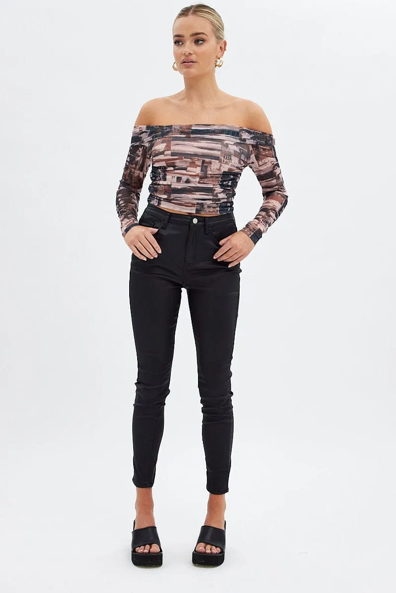 Brown Print Bardot Top Long Sleeve Off Shoulder Mesh Crop