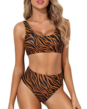 Cheeky Two Piece Bikini Scoop Neck And High Waist-Brown Zebra Pattern