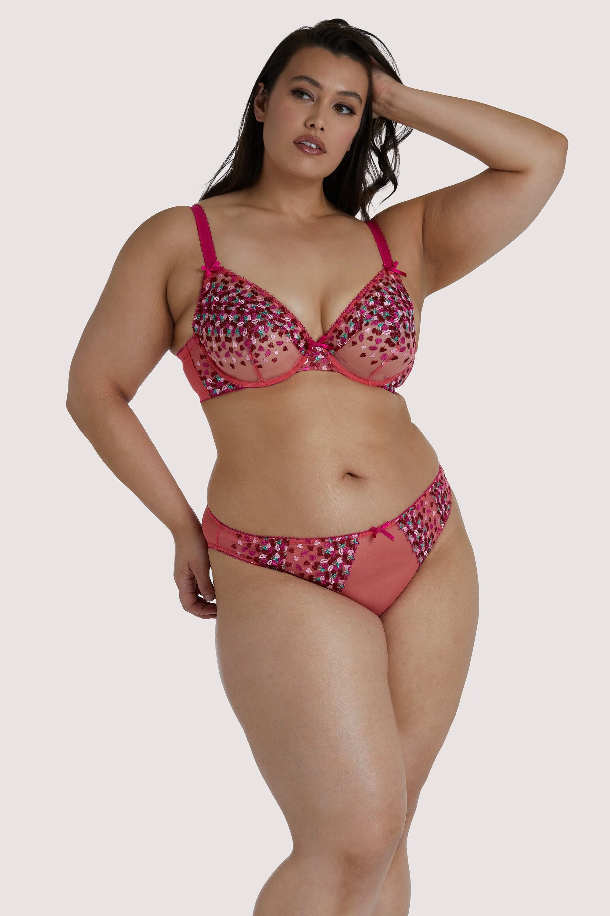Cherry Embroidery Coral Plunge Bra