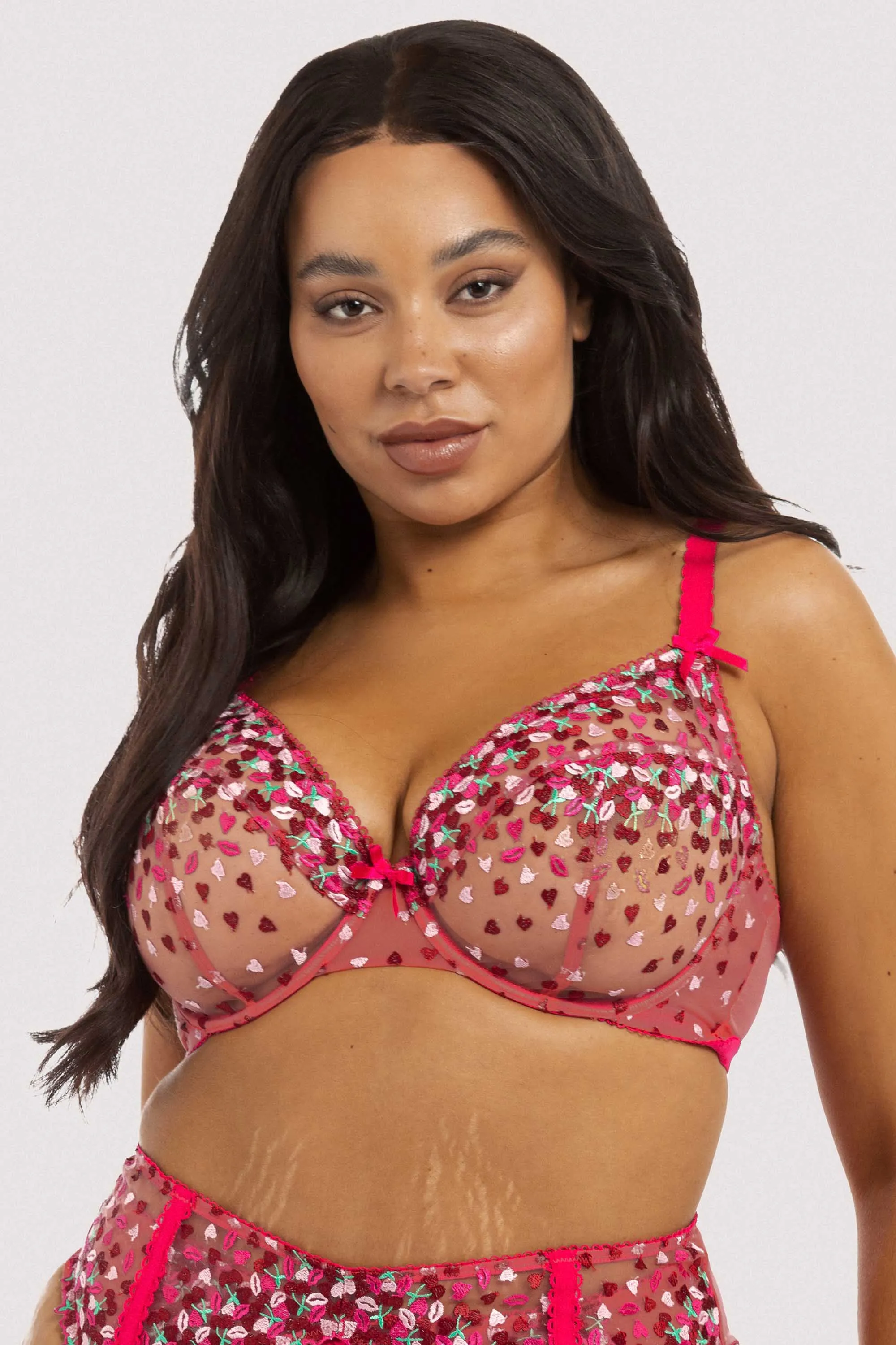 Cherry Embroidery Coral Plunge Bra