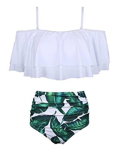 Fashionable Off Shoulder Tummy Control Bikini Set-White Leaf