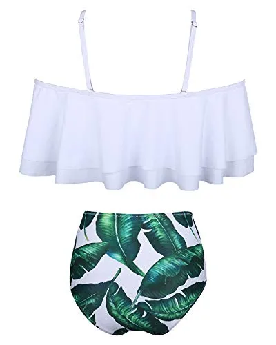 Fashionable Off Shoulder Tummy Control Bikini Set-White Leaf