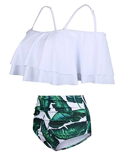 Fashionable Off Shoulder Tummy Control Bikini Set-White Leaf
