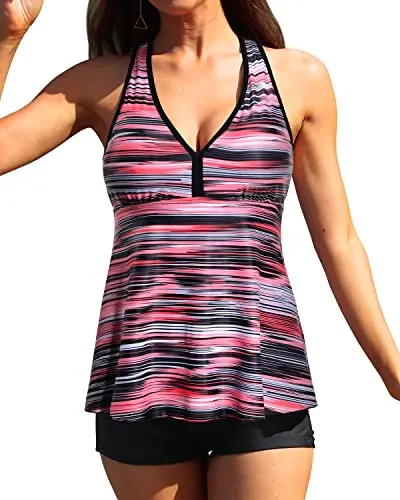 Flowy Tank Top Racerback And Shirred Swim Boyshorts-Pink Stripe