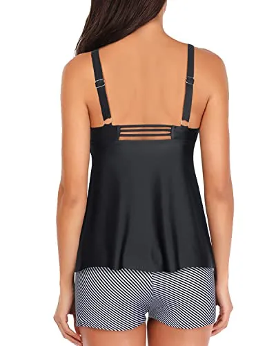 Full Coverage Tankini Tops Shorts Two Piece Tankini Swimsuits-Black Stripe
