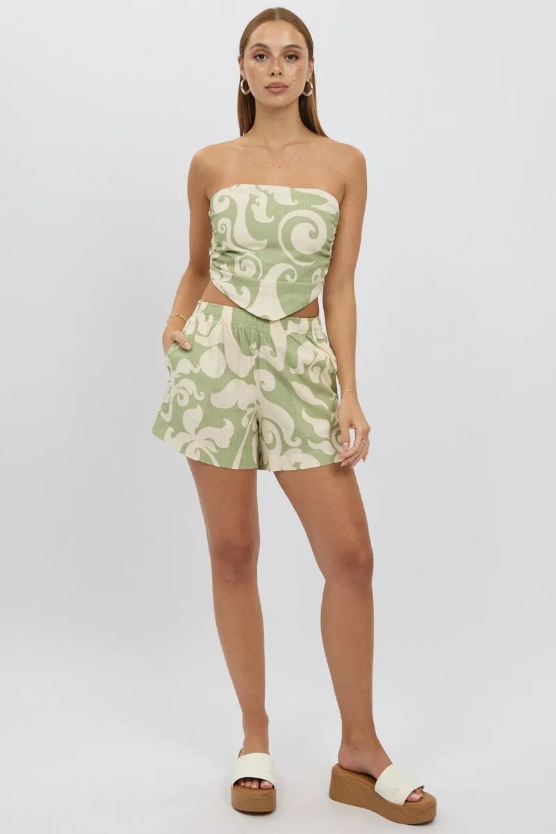 Green Abstract Crop Top Strapless Scarf Linen Blend
