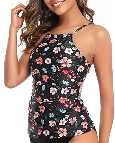 High Neck Bathing Suit Top Tummy Control Women Tankini Top Only-Black Floral