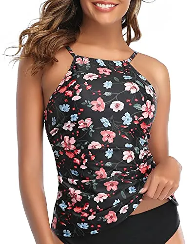 High Neck Bathing Suit Top Tummy Control Women Tankini Top Only-Black Floral