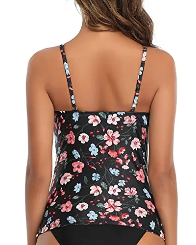 High Neck Bathing Suit Top Tummy Control Women Tankini Top Only-Black Floral