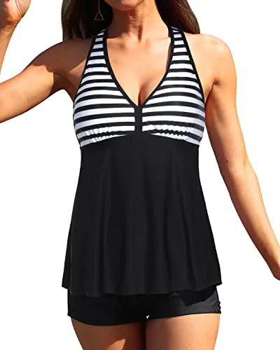 Loose Fit Tankini Top Racerback And Tummy Control Boyshort-Black And White Stripe