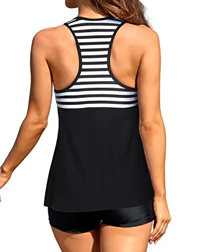 Loose Fit Tankini Top Racerback And Tummy Control Boyshort-Black And White Stripe