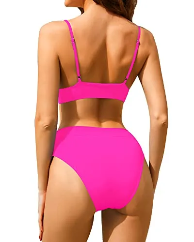 Modern High Waisted Bikini Set Two Piece Triangle Bathing Suits-Neon Pink