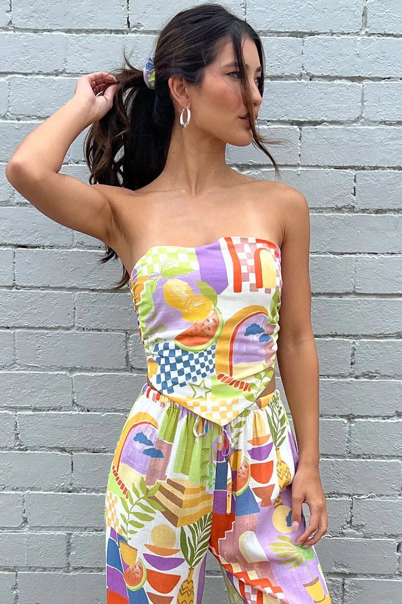 Multi Abstract Scarf Top Strapless Linen Blend
