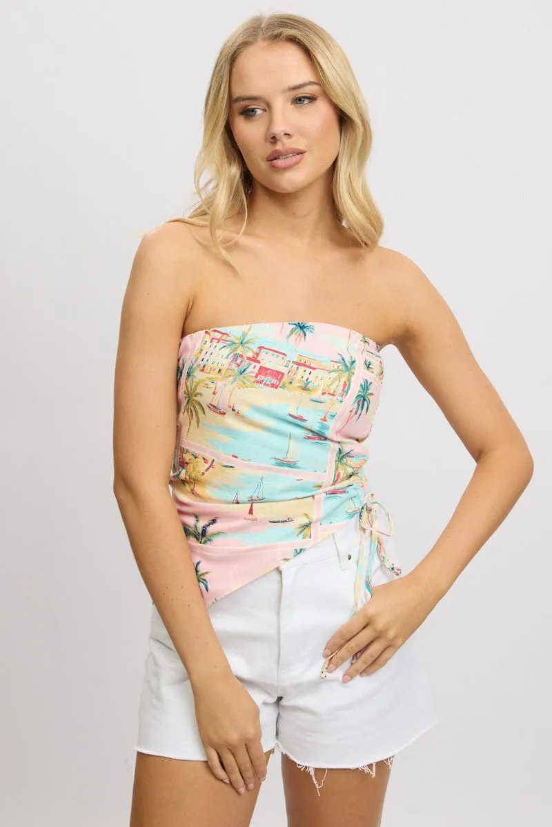 Multi Abstract Scarf Top Strapless Linen Blend