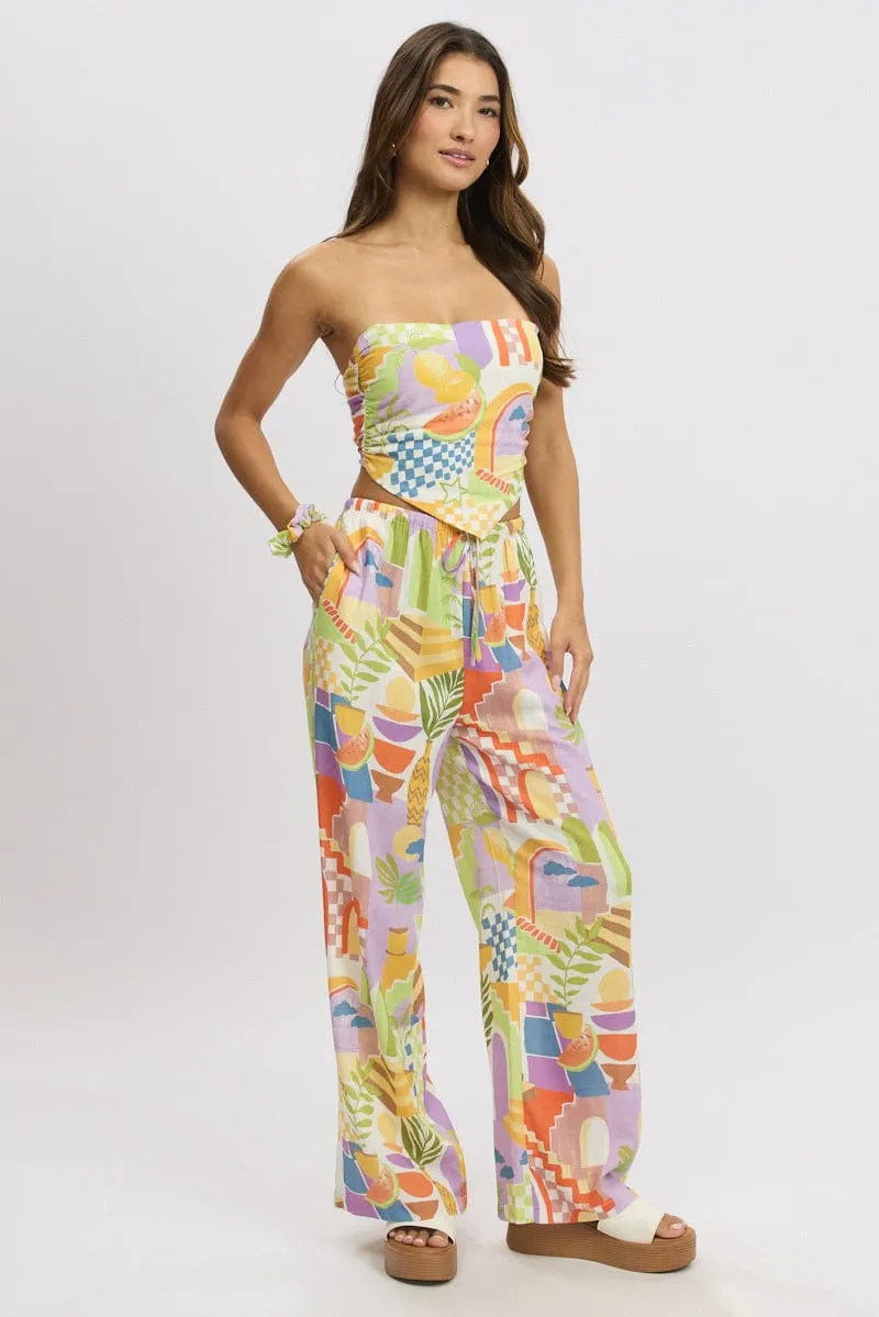 Multi Abstract Scarf Top Strapless Linen Blend
