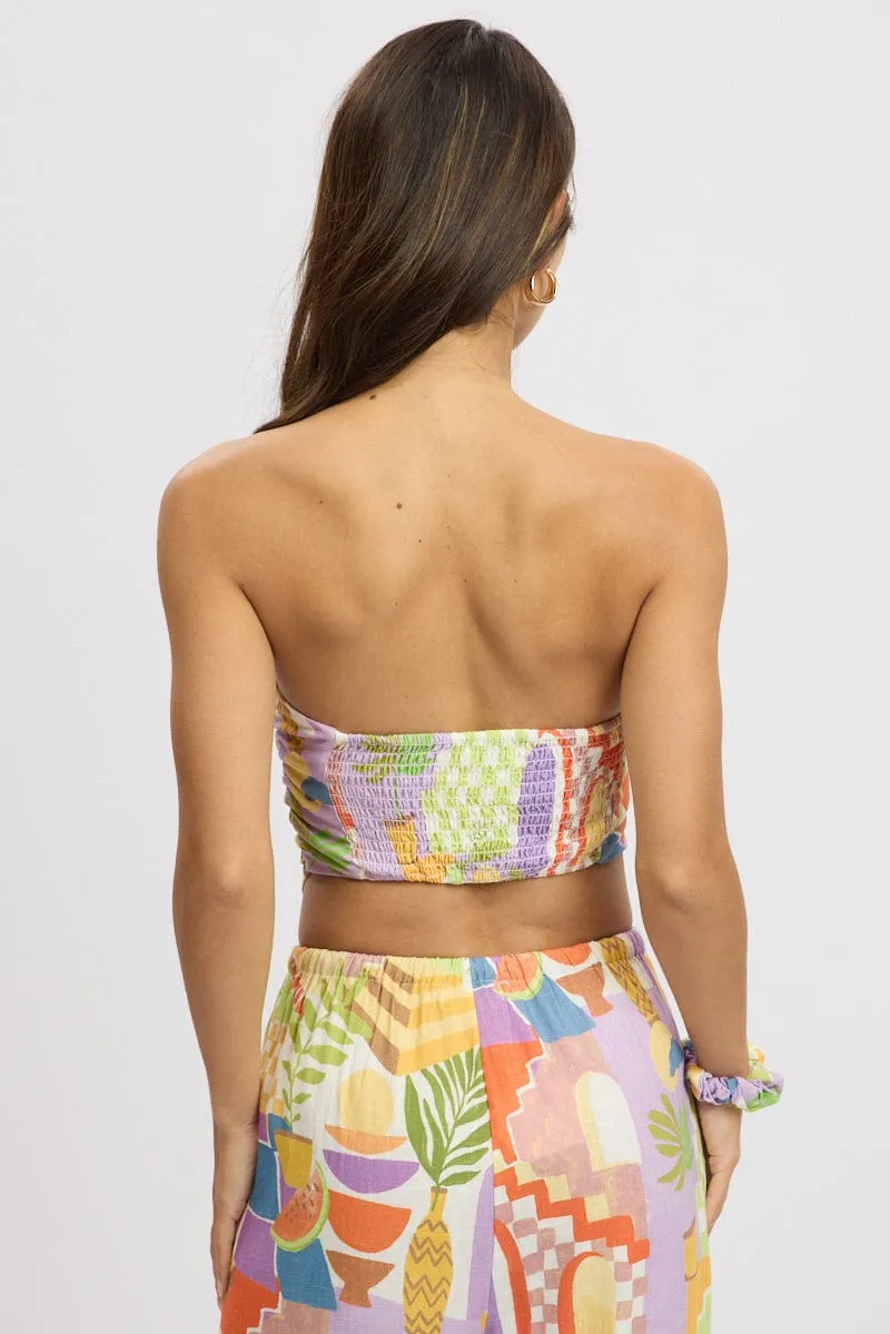 Multi Abstract Scarf Top Strapless Linen Blend