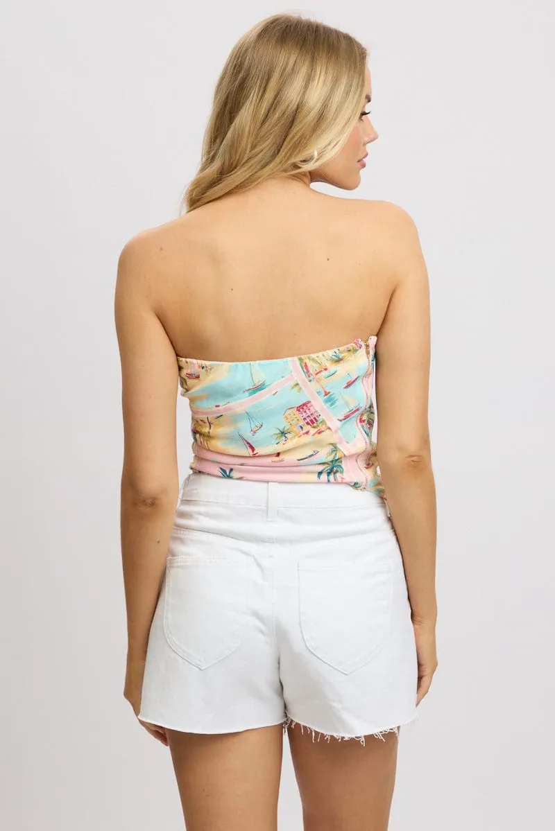 Multi Abstract Scarf Top Strapless Linen Blend