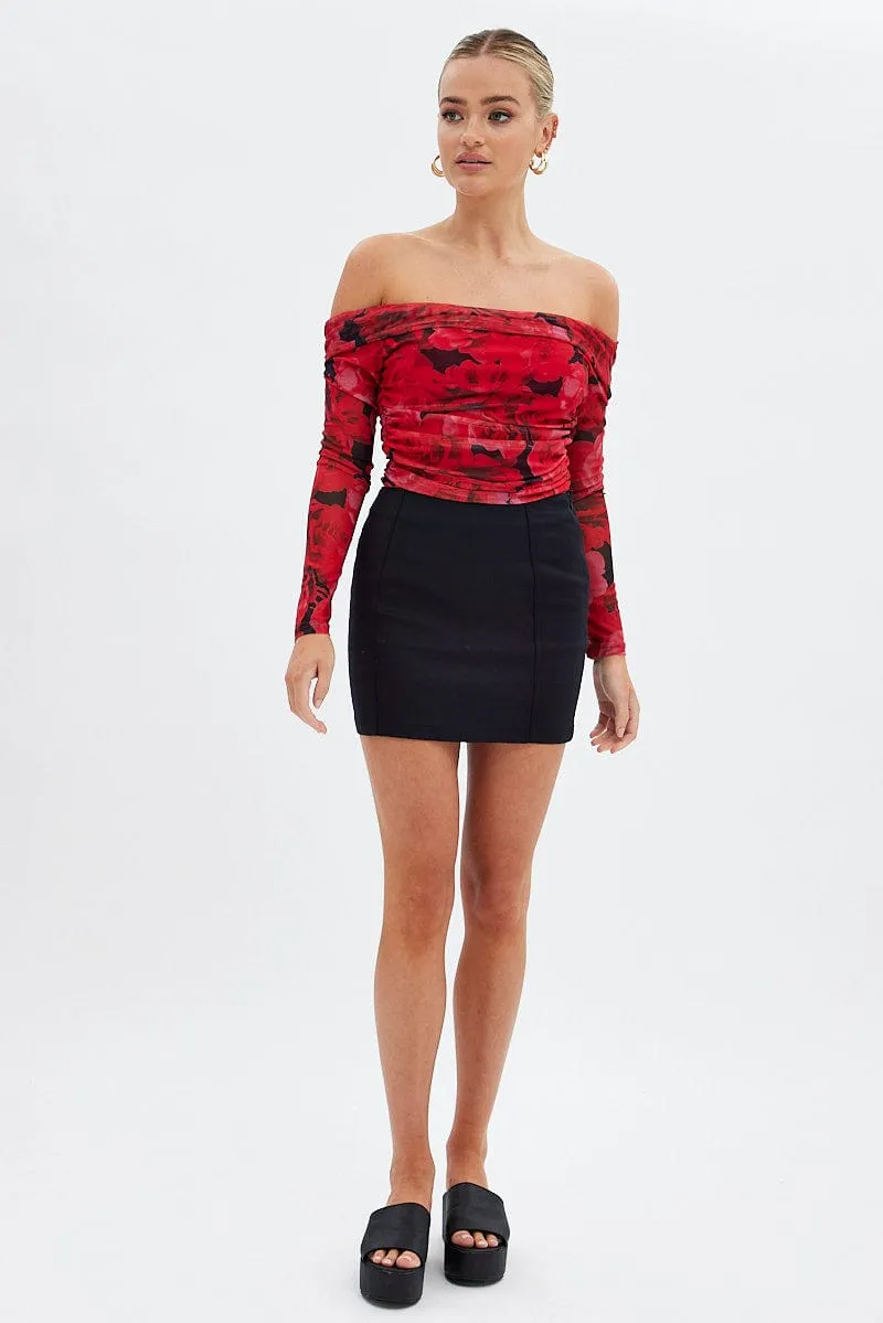 Red Floral Bardot Top Long Sleeve Off Shoulder Mesh Crop