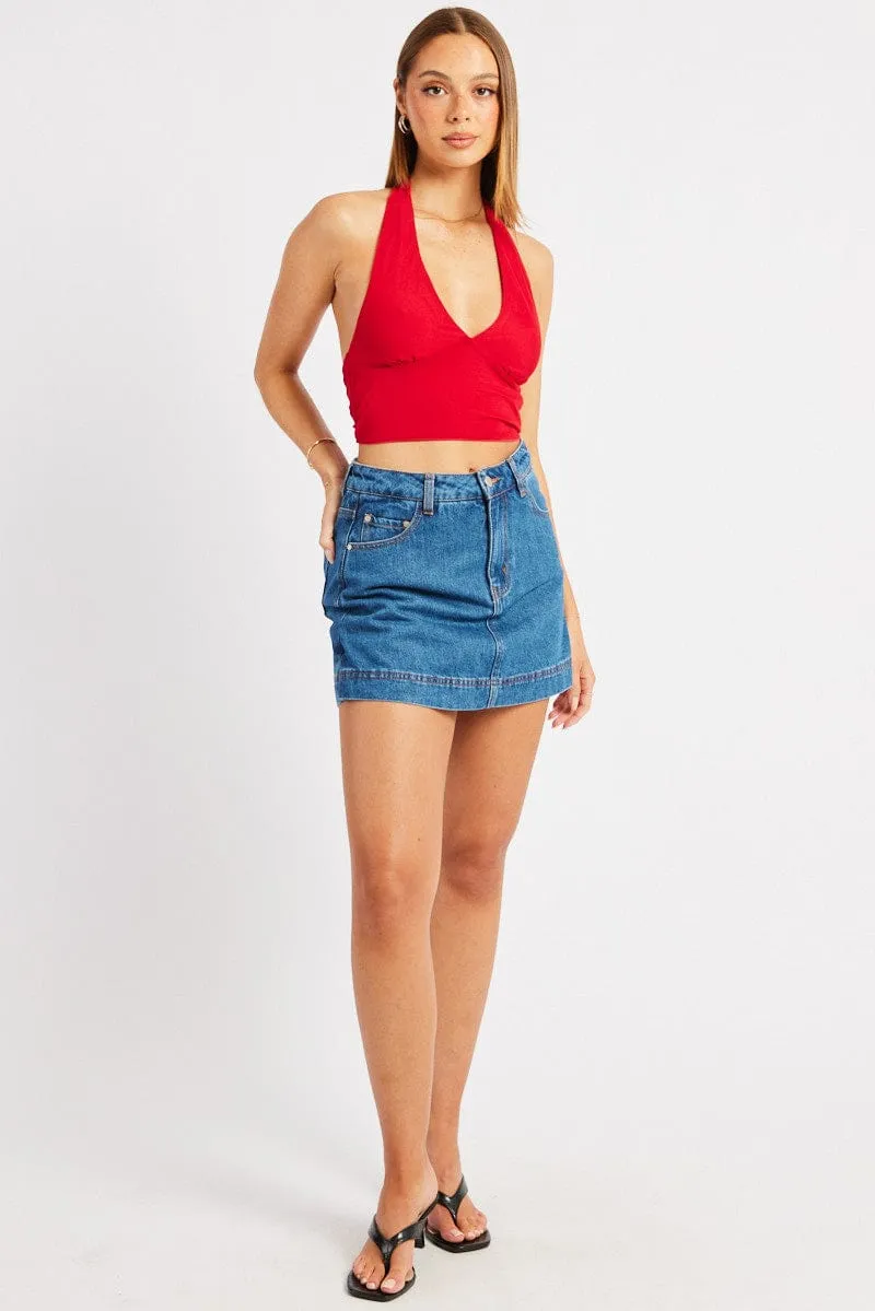 Red Halter Neck Top Tie Back Mesh