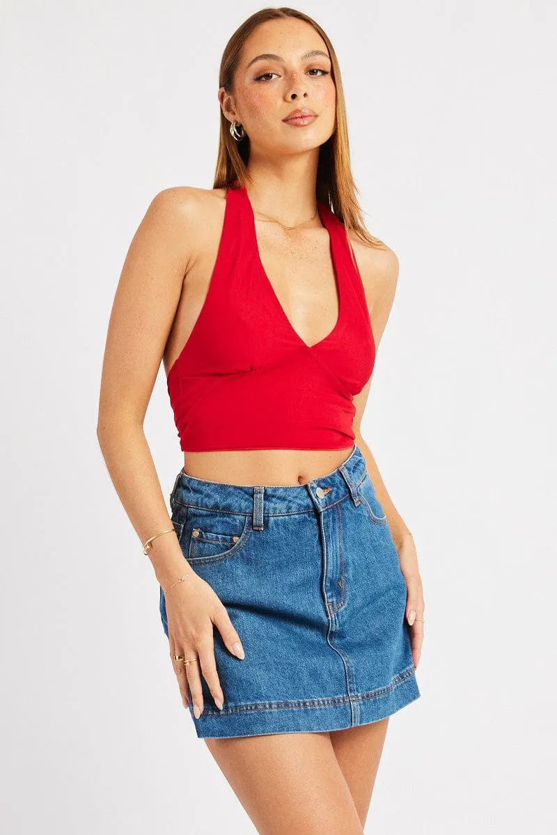 Red Halter Neck Top Tie Back Mesh