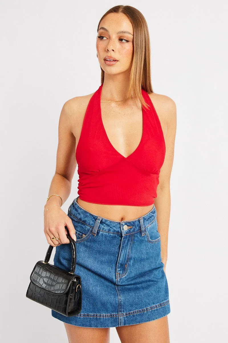 Red Halter Neck Top Tie Back Mesh