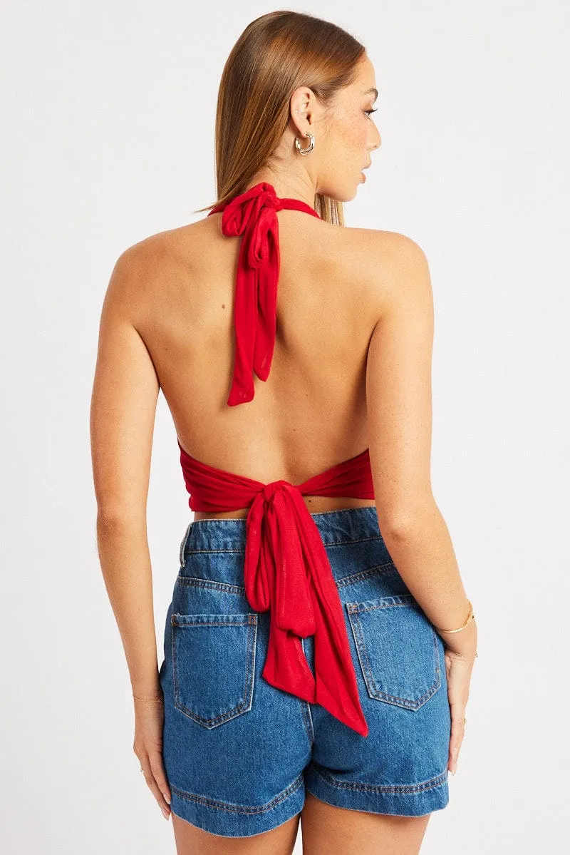 Red Halter Neck Top Tie Back Mesh