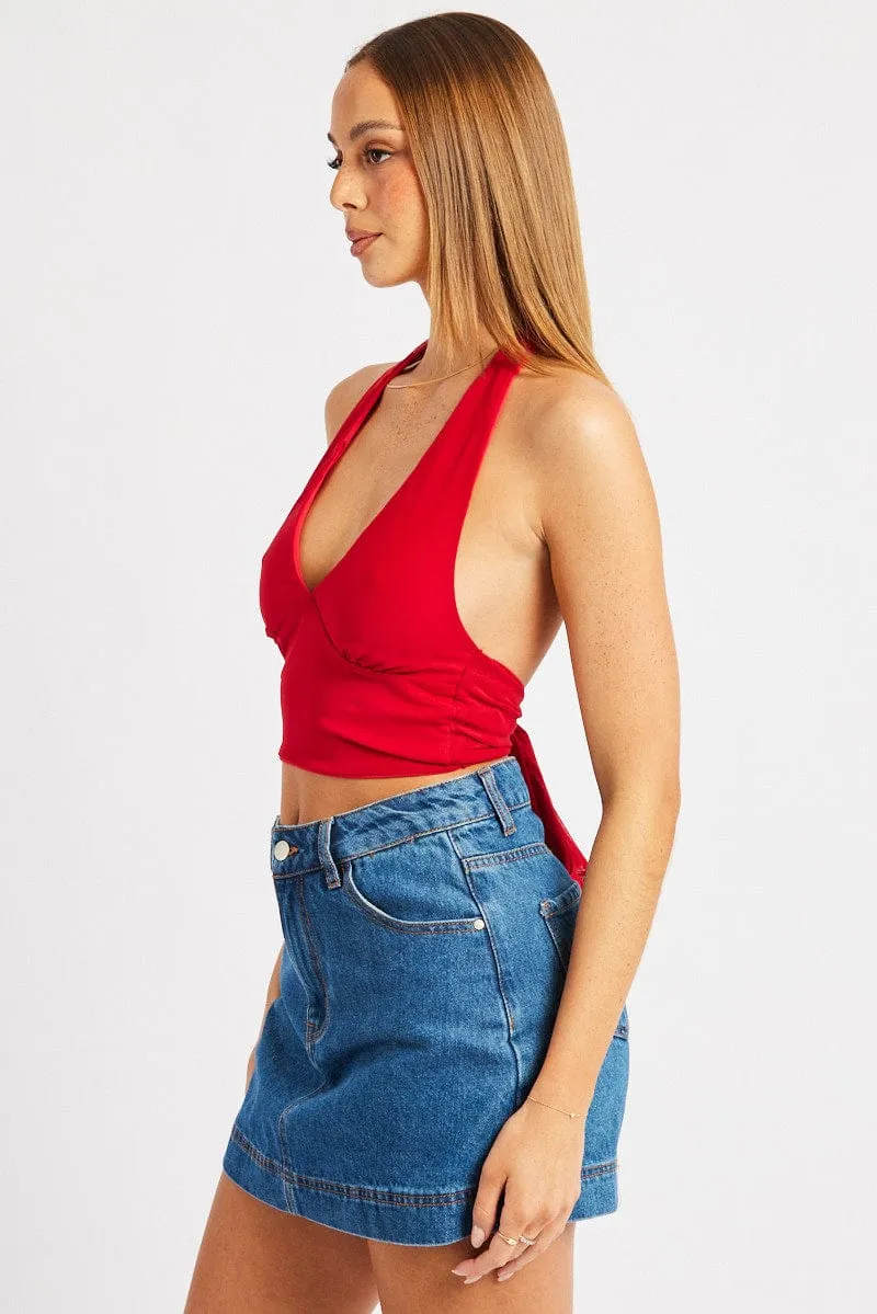 Red Halter Neck Top Tie Back Mesh