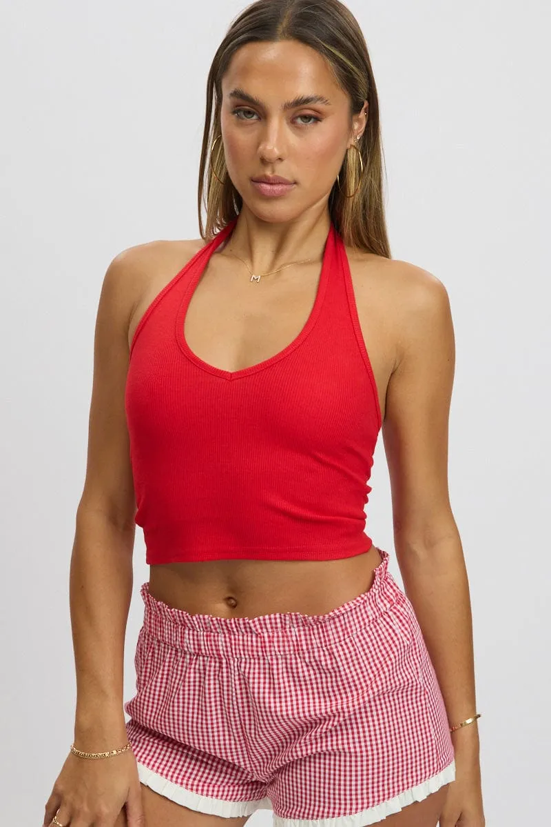 Red Halter Top Sleeveless Rib