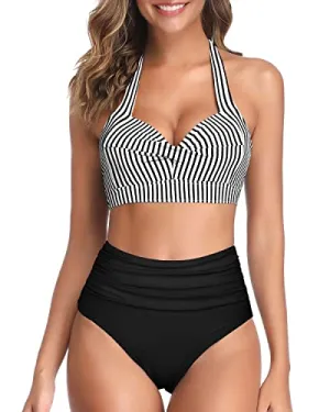Retro Two Piece Highwaist Bikini High-Cut Legs Bathing Suit-Black And White Stripe