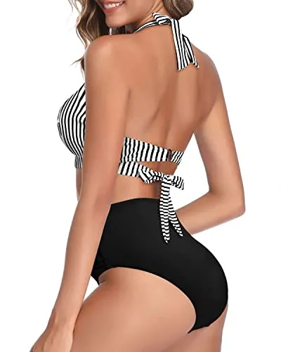Retro Two Piece Highwaist Bikini High-Cut Legs Bathing Suit-Black And White Stripe