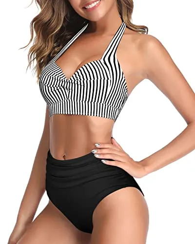 Retro Two Piece Highwaist Bikini High-Cut Legs Bathing Suit-Black And White Stripe