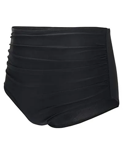 Sexy Women High Waisted Bikini Bottom Retro Ruched Swim Short-Black