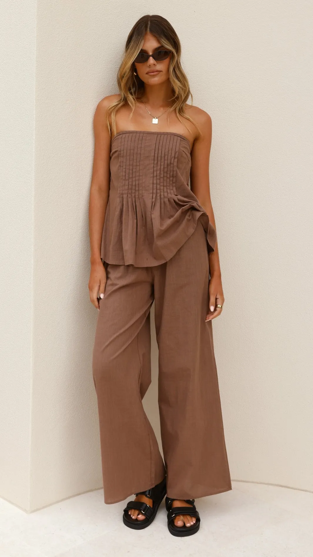 Sharni Strapless Pleat Top and Pants Set - Chocolate