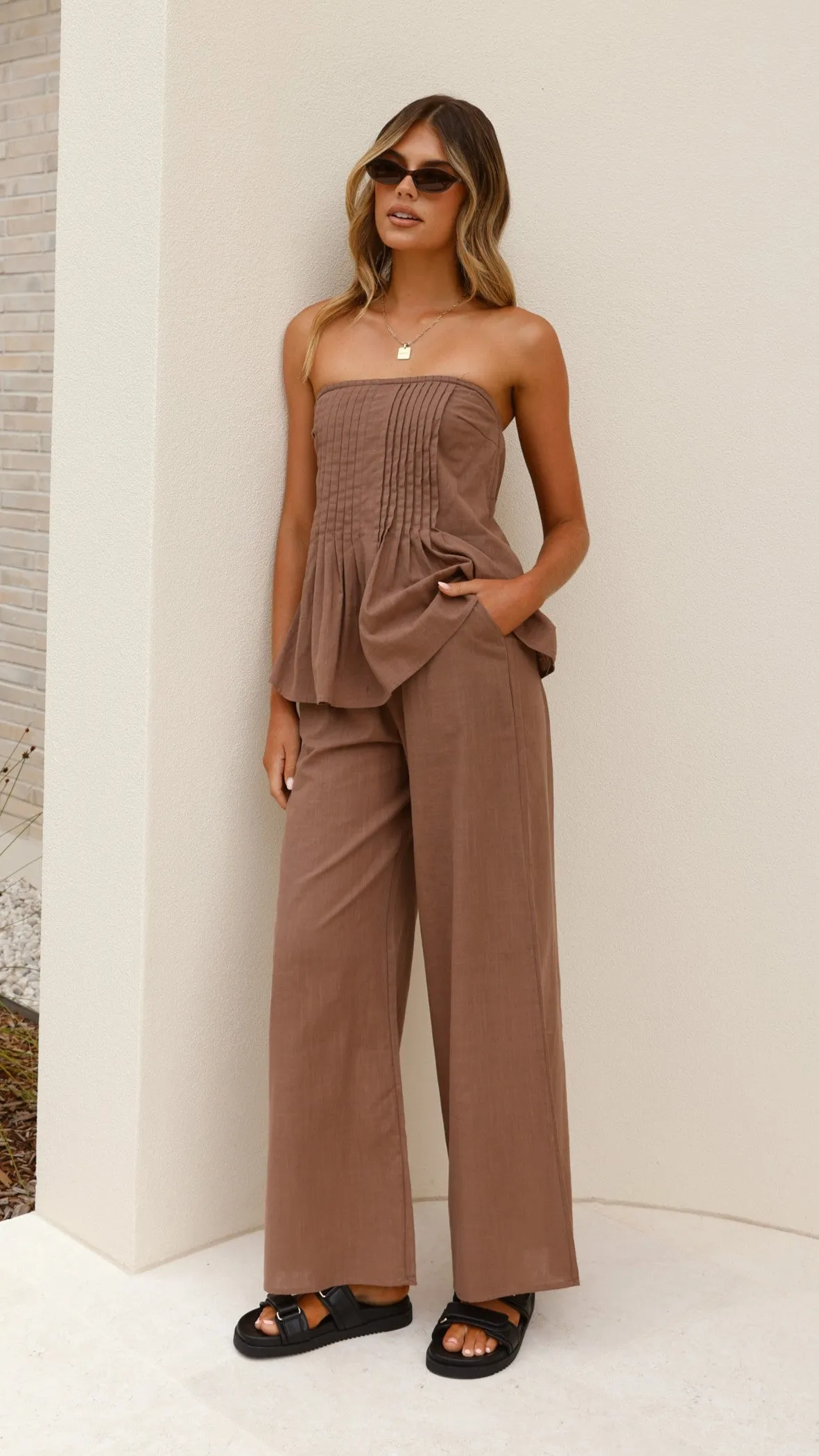 Sharni Strapless Pleat Top and Pants Set - Chocolate