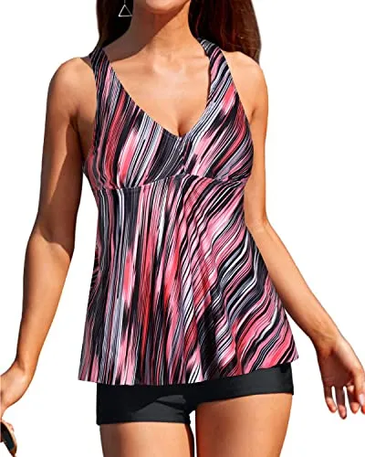 Slimming Flyaway Tankini Tops Shorts And Boyshorts-Pink Stripe