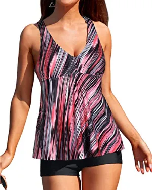 Slimming Flyaway Tankini Tops Shorts And Boyshorts-Pink Stripe
