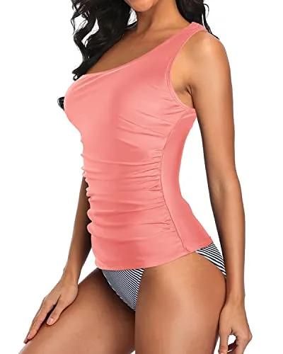 Slimming Swimming Suit For Women Tankini Two Piece-Coral Pink Stripe