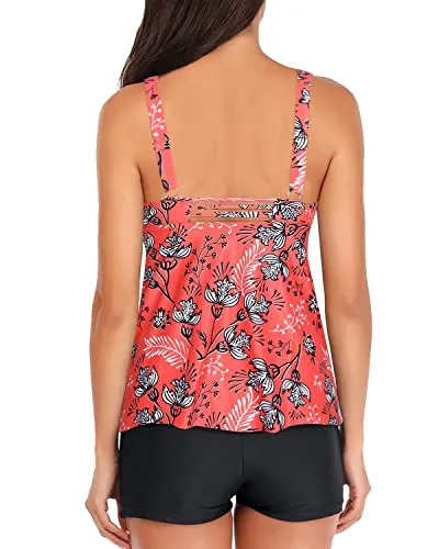 Trendy Swim Tops Shorts Boyshort For Women's Tankini Swimsuits-Red Floral