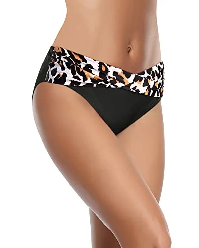 Women's Cheeky Twist Band V Cut Swimsuit Bottoms-Black And Leopard