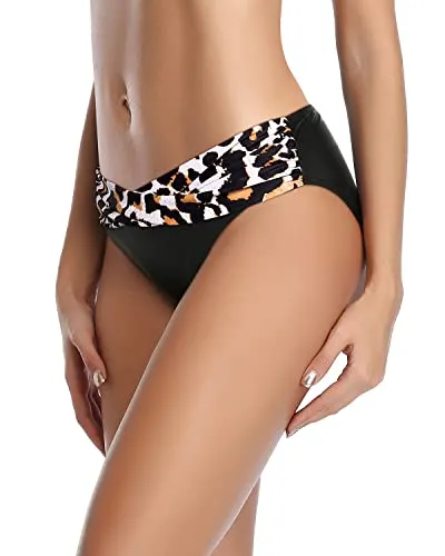 Women's Cheeky Twist Band V Cut Swimsuit Bottoms-Black And Leopard