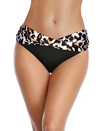 Women's Cheeky Twist Band V Cut Swimsuit Bottoms-Black And Leopard