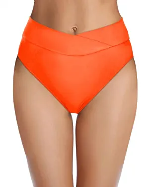 Women's High Cut High Waisted Bikini Bottoms-Neon Orange