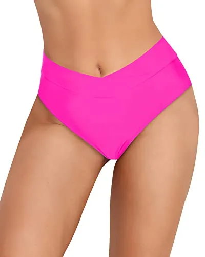 Women's High-Rise Cheeky V Cut Bikini Bottoms-Neon Pink