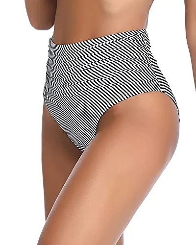 Women's High Waisted Tummy Control Bikini Bottom-Black And White Stripe