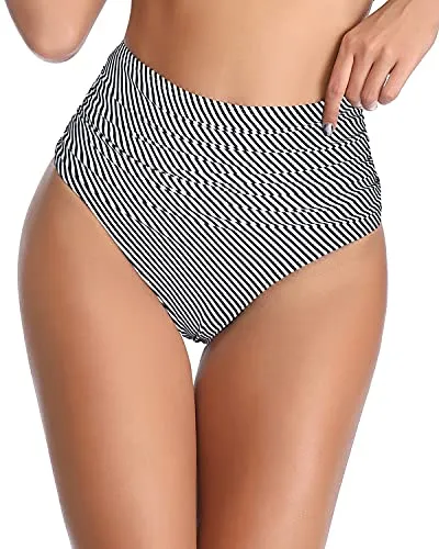 Women's High Waisted Tummy Control Bikini Bottom-Black And White Stripe