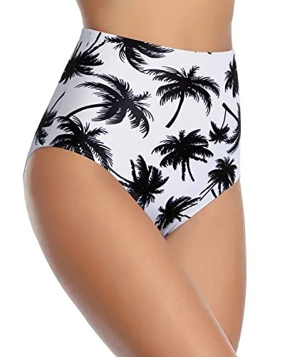 Women's High Waisted Tummy Control Swimsuit Bottoms-Black Palm Tree