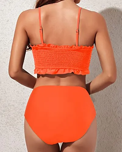 Women's Sexy Two Piece Bandeau Bikini Ruffled Bikini-Neon Orange